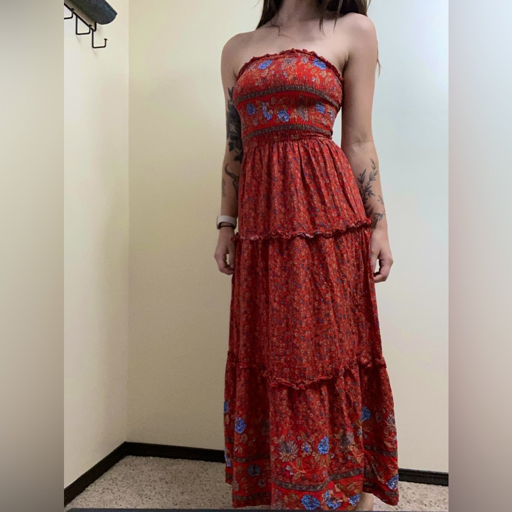 Strapless Long Floral Red Dress